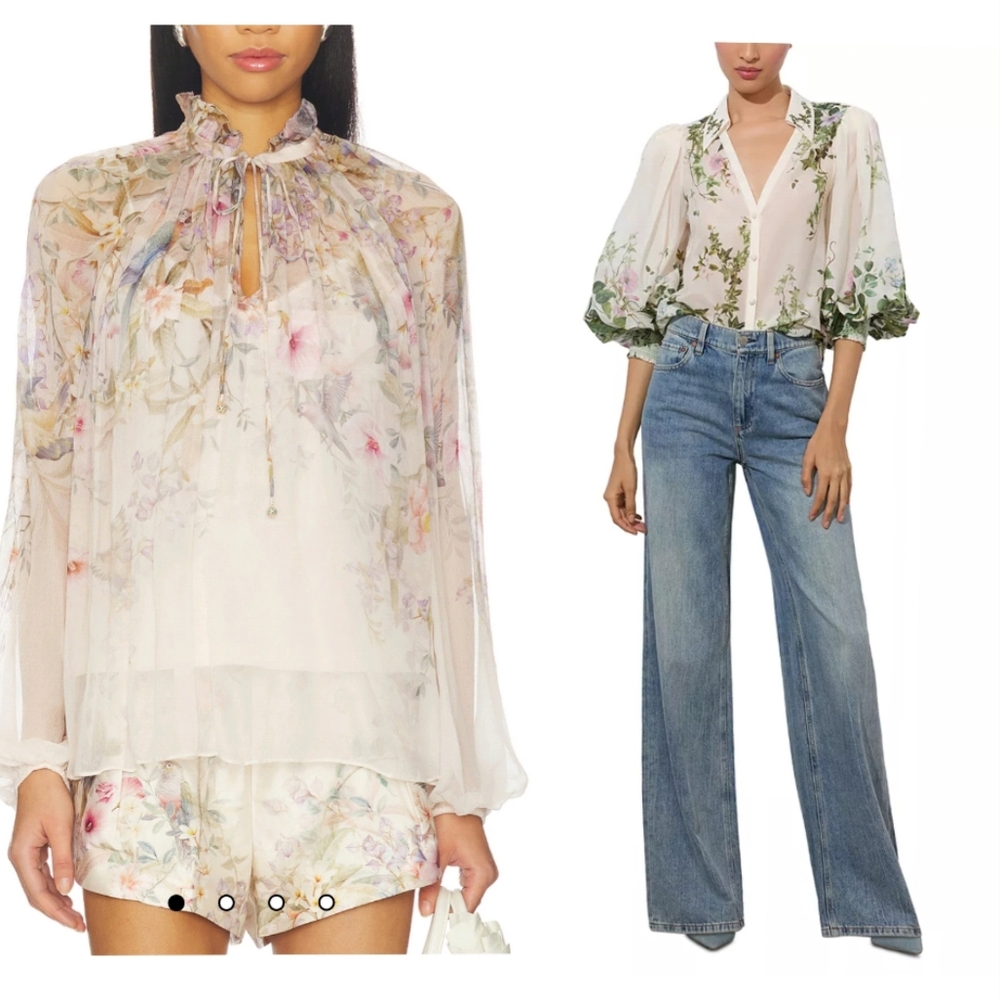 Rachel Zoe Sheer Floral Ruffle-Neck Blouse in Cream and Pastel